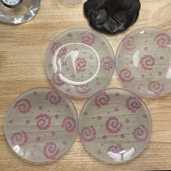 Vintage Other - VINTAGE Dessert Plates Hand Painted Glass Pink Swirls Set of 4 Exc. Condition
